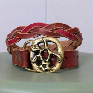Vintage 70s 80s braided leather belt w/ sculptural brass buckle